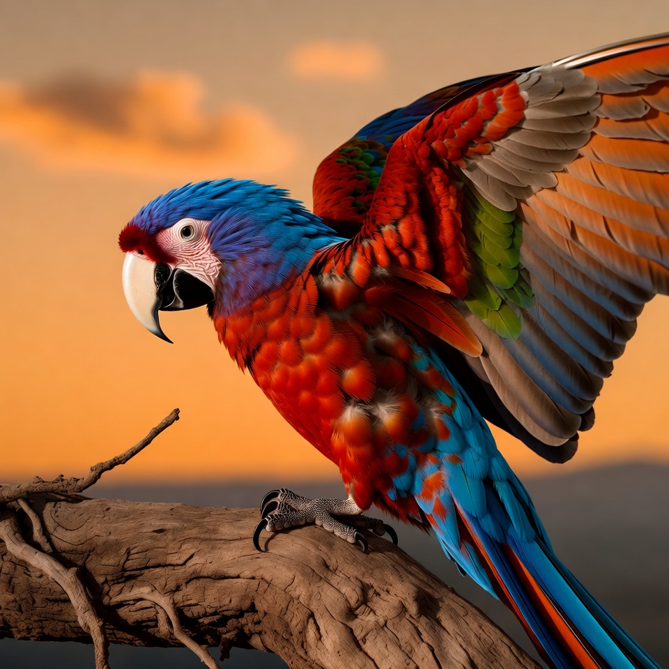 Colorful Macaw Parrot Spreading Wings on Branch Colorful Macaw Parrot Spreading Wings on Branch