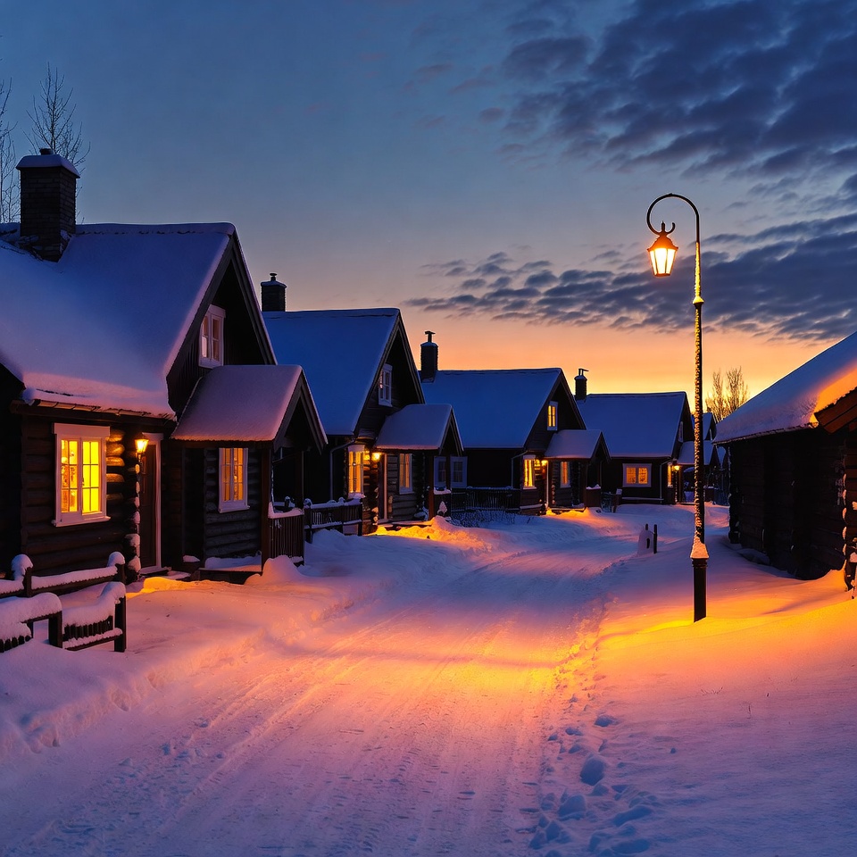 Snowy Wooden Cabins with Street Lamp Snowy Wooden Cabins with Street Lamp
