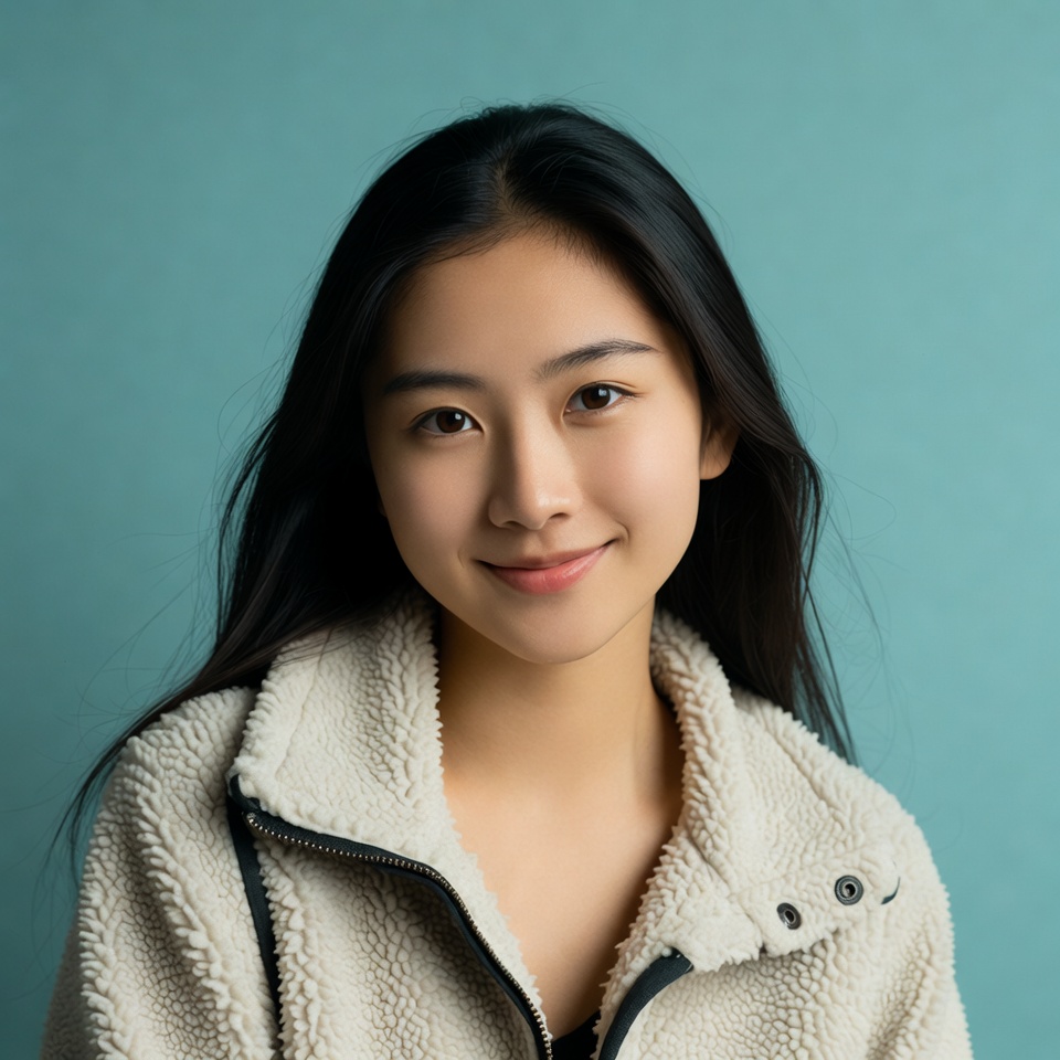 Asian woman smiling in fur jacket Asian woman smiling in fur jacket
