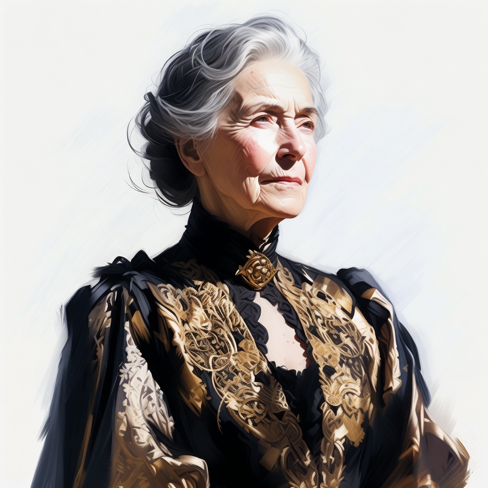 Elderly woman in gold-embroidered black gown Elderly woman in gold-embroidered black gown