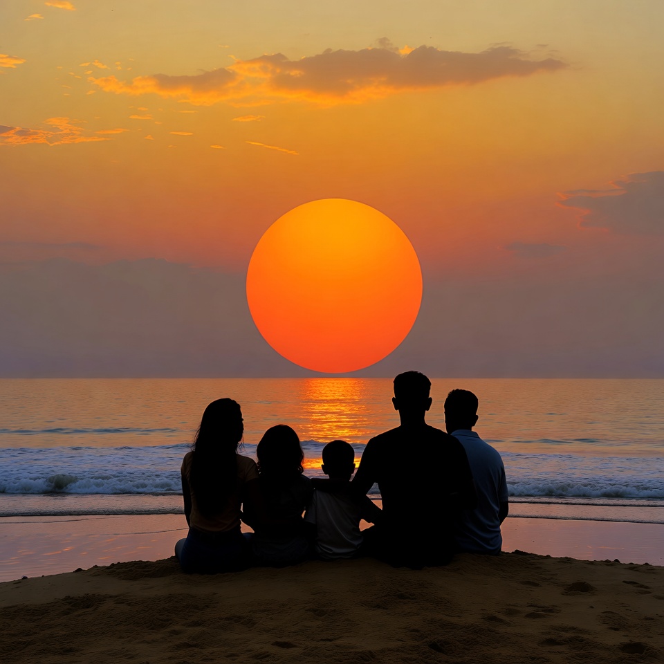 Family silhouette watching sunset beach Family silhouette watching sunset beach