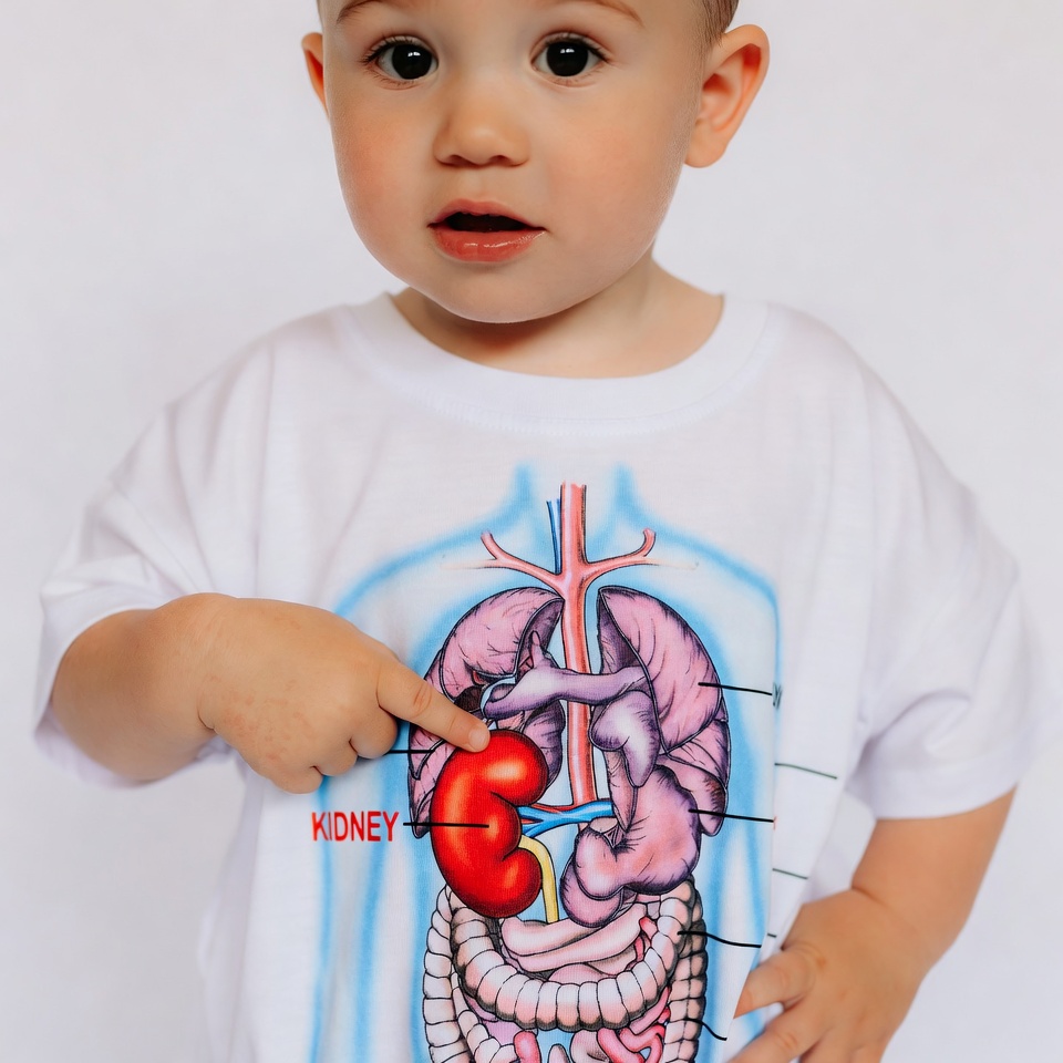 Toddler pointing at kidney on t-shirt Toddler pointing at kidney on t-shirt