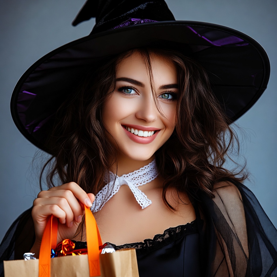 Smiling woman in witch costume with candy Smiling woman in witch costume with candy