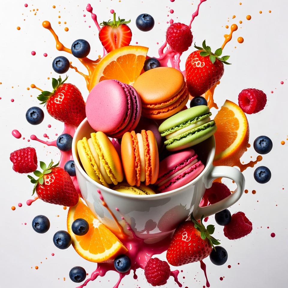 Colorful Macarons in Cup with Fruits Colorful Macarons in Cup with Fruits