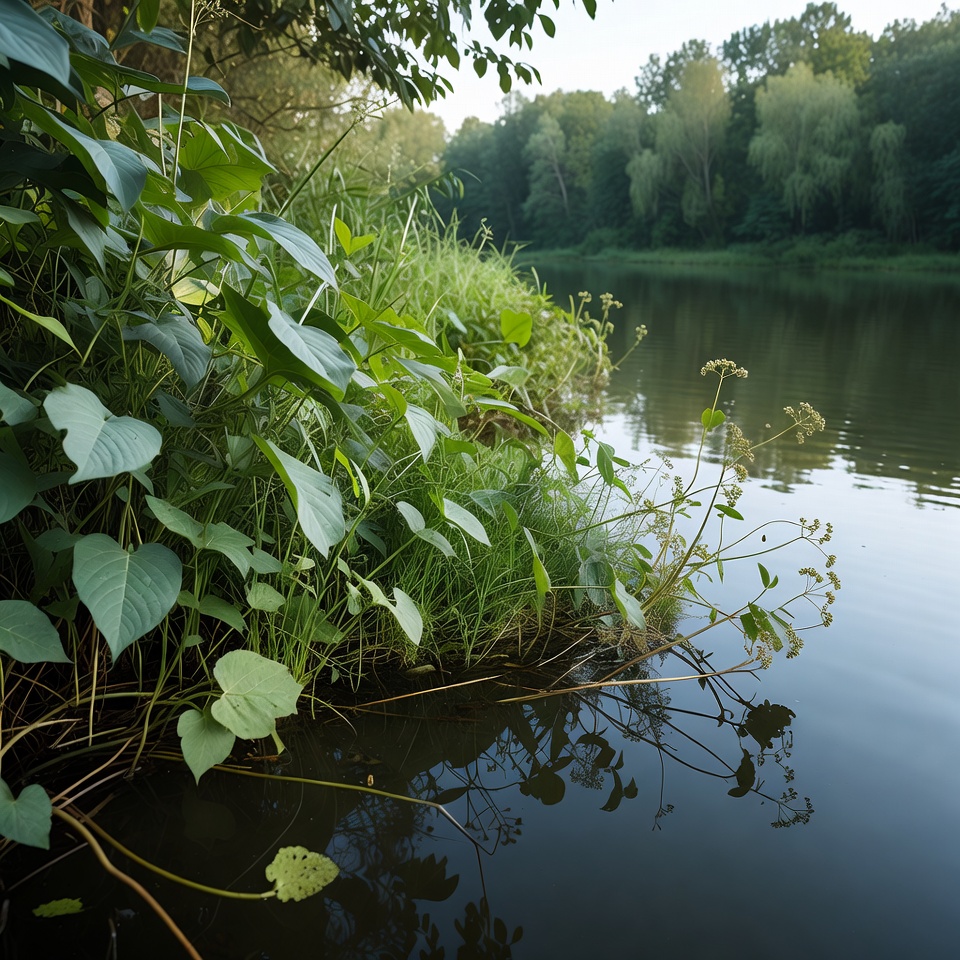Lush green plants by calm riverbank Lush green plants by calm riverbank