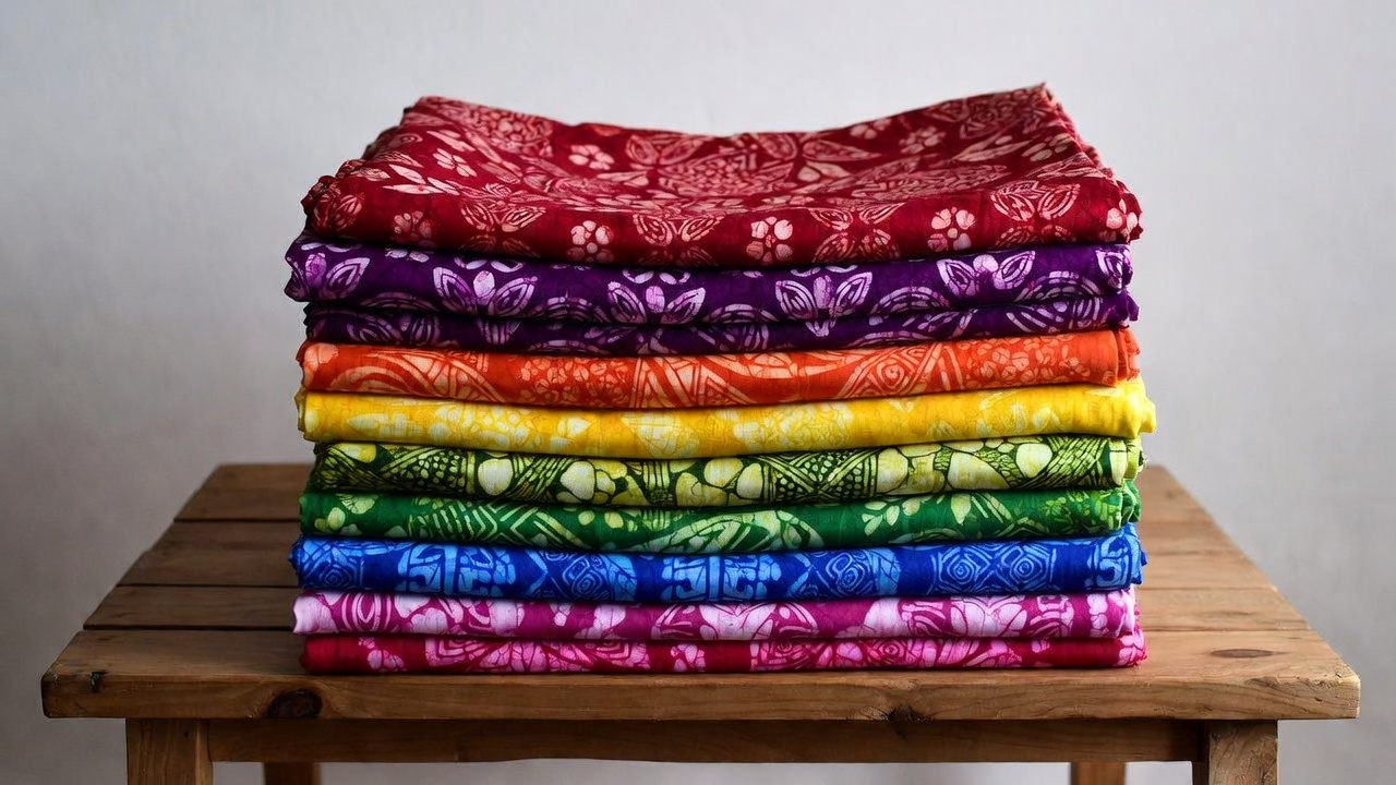 Rainbow Batik Fabric Stack on Table Rainbow Batik Fabric Stack on Table