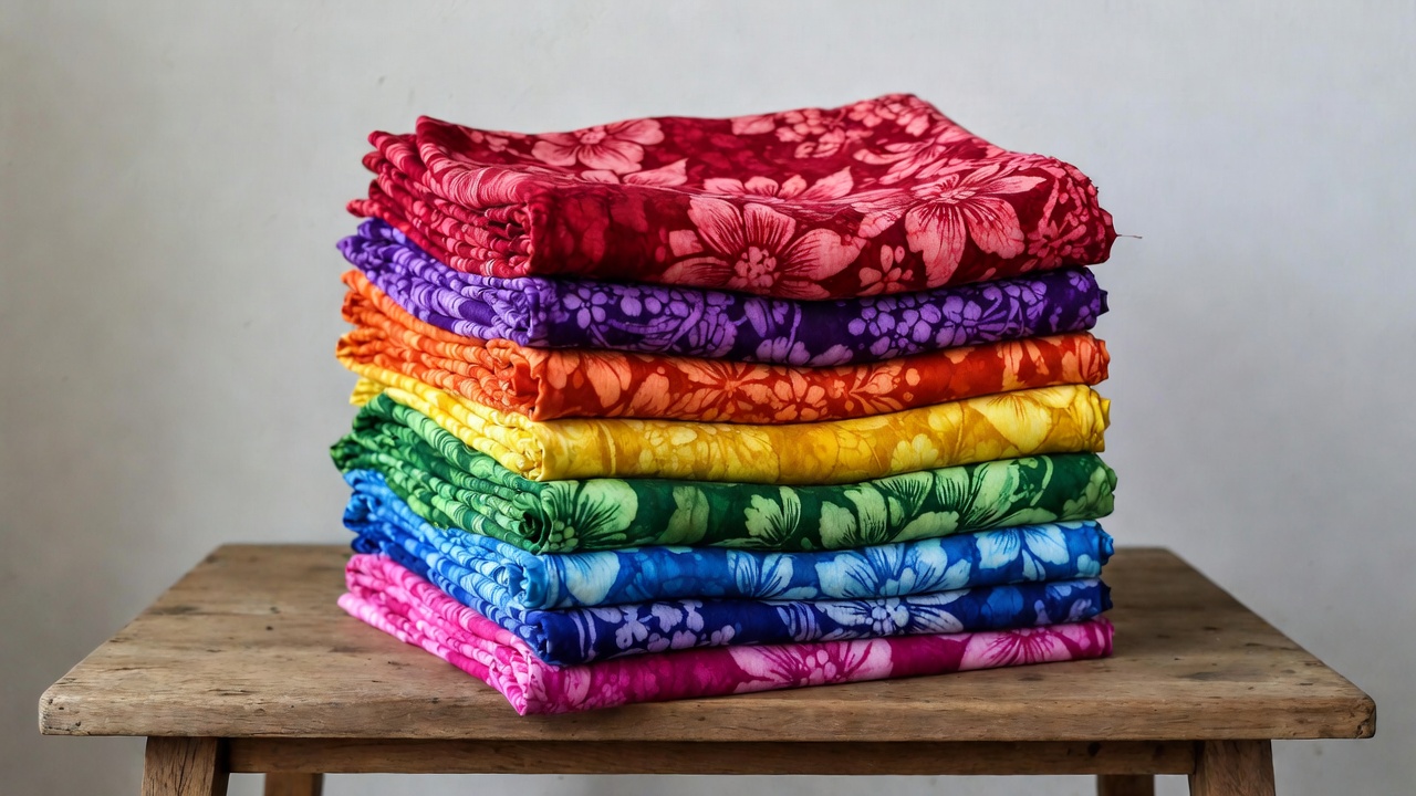 Stacked Rainbow Floral Fabrics on Table Stacked Rainbow Floral Fabrics on Table
