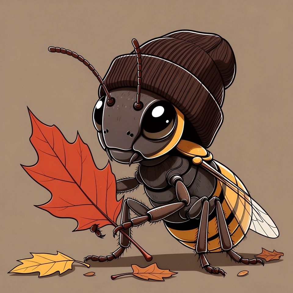 Cute Bee Wearing Beanie Holding Autumn Leaf Cute Bee Wearing Beanie Holding Autumn Leaf