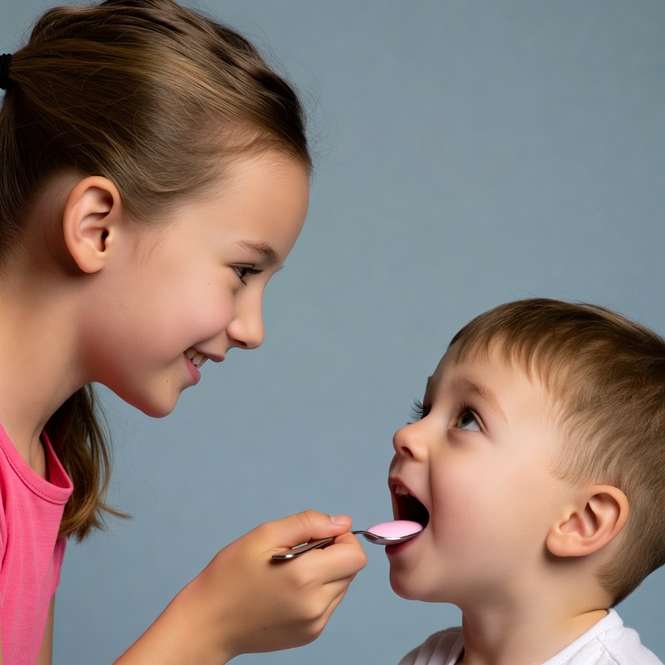 Girl feeding boy pink medicine Girl feeding boy pink medicine