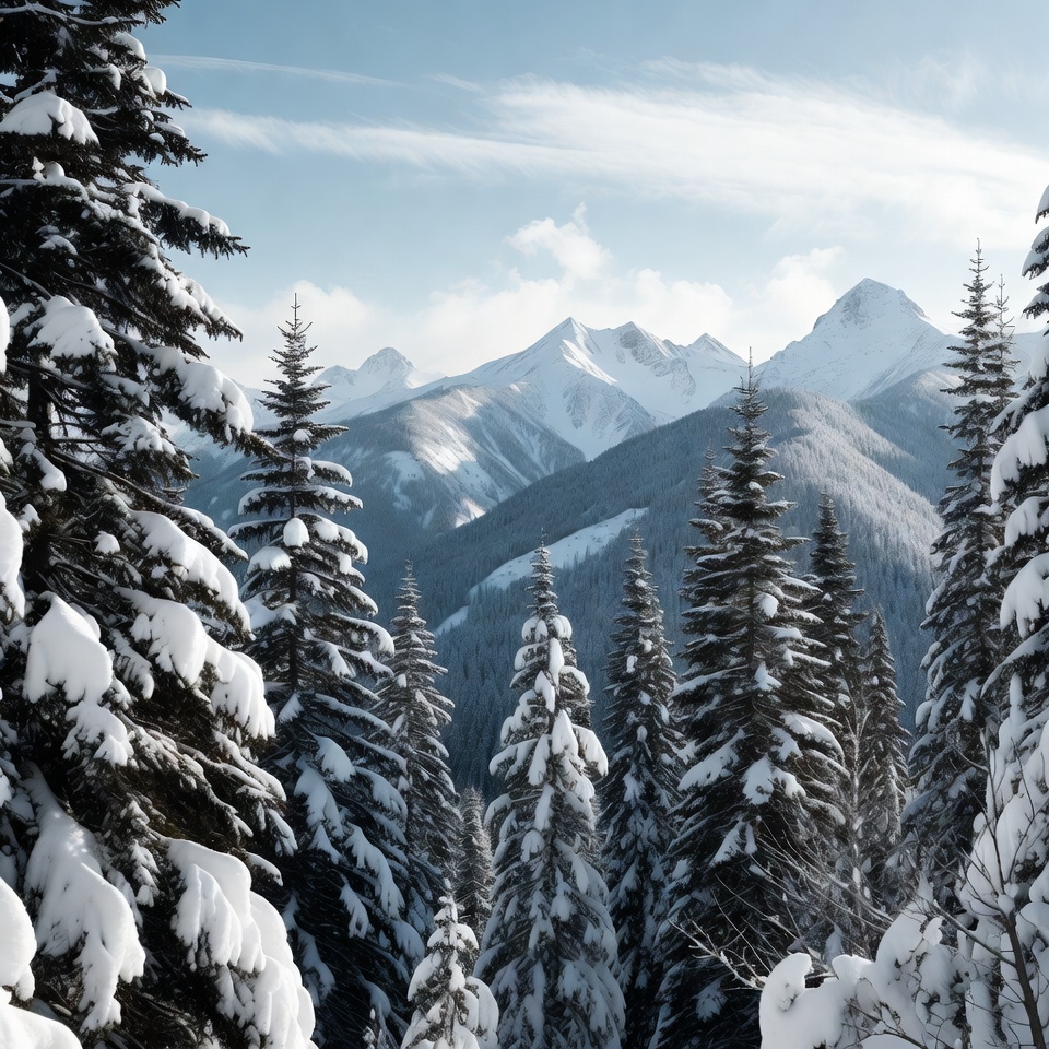 Snowy Pine Trees and Mountains Snowy Pine Trees and Mountains