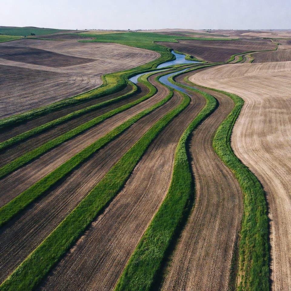 Winding river through farmland fields Winding river through farmland fields