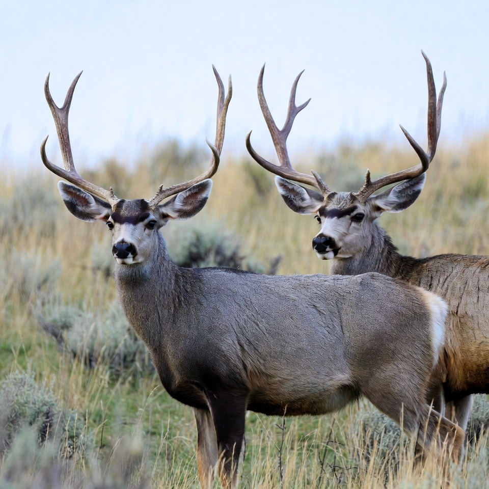 Two Mule Deer Bucks in Grassland Two Mule Deer Bucks in Grassland