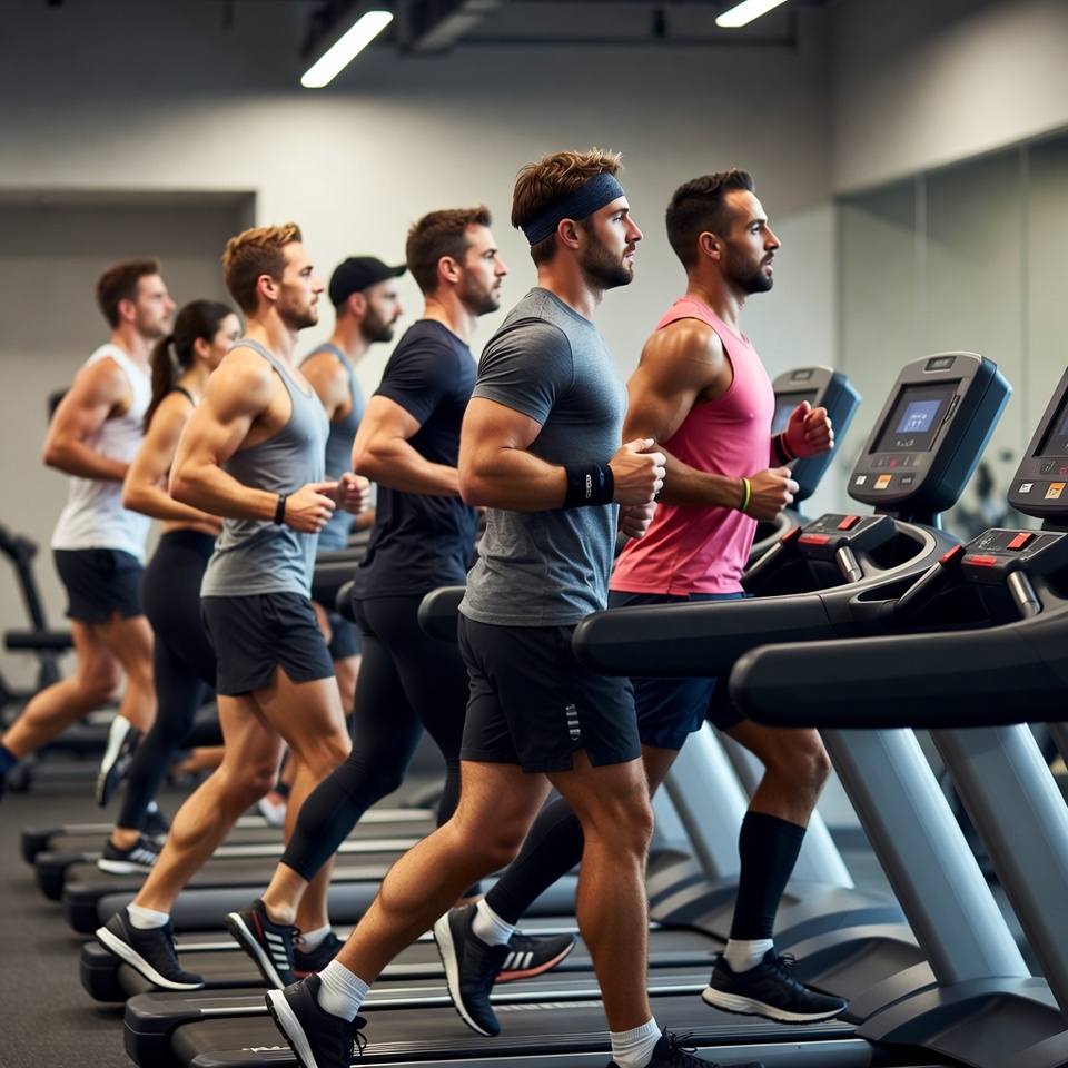 Group of men running on treadmills Group of men running on treadmills