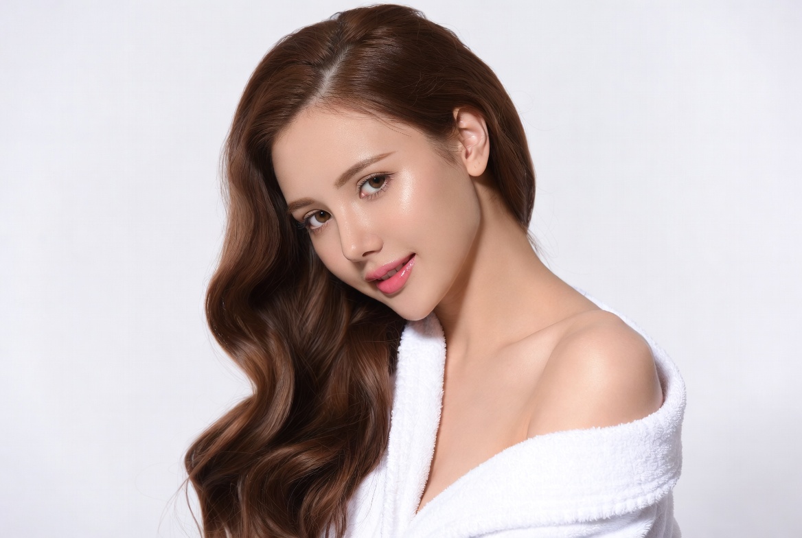 Asian woman in white bathrobe Asian woman in white bathrobe