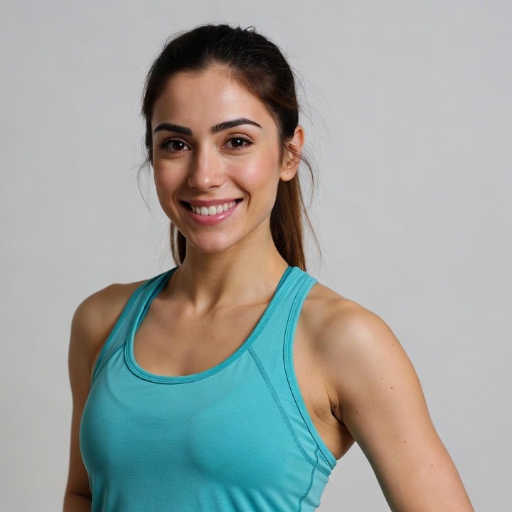 Smiling woman in turquoise tank top Smiling woman in turquoise tank top