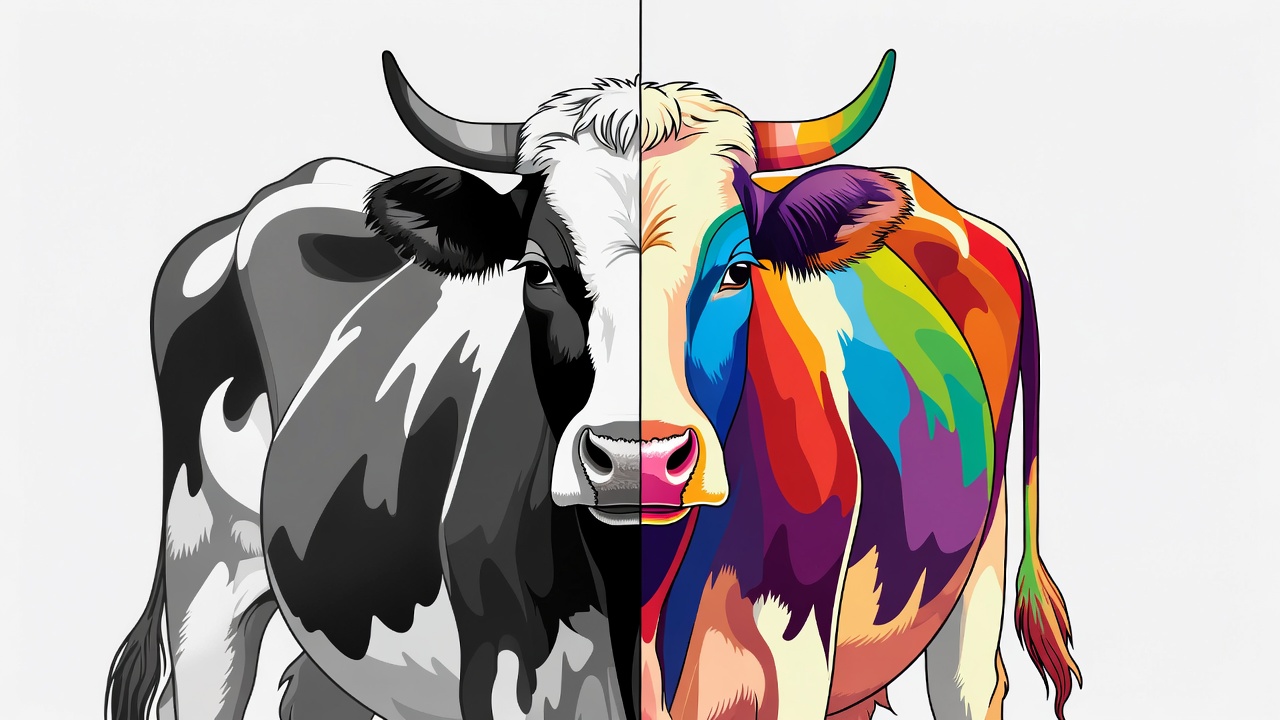 Black and White vs Colorful Cow Black and White vs Colorful Cow