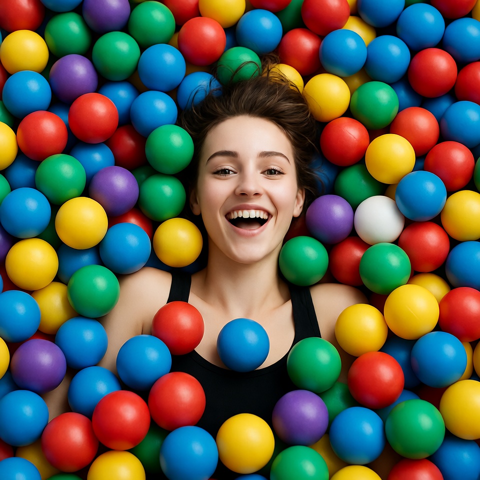 Woman laughing in colorful ball pit Woman laughing in colorful ball pit