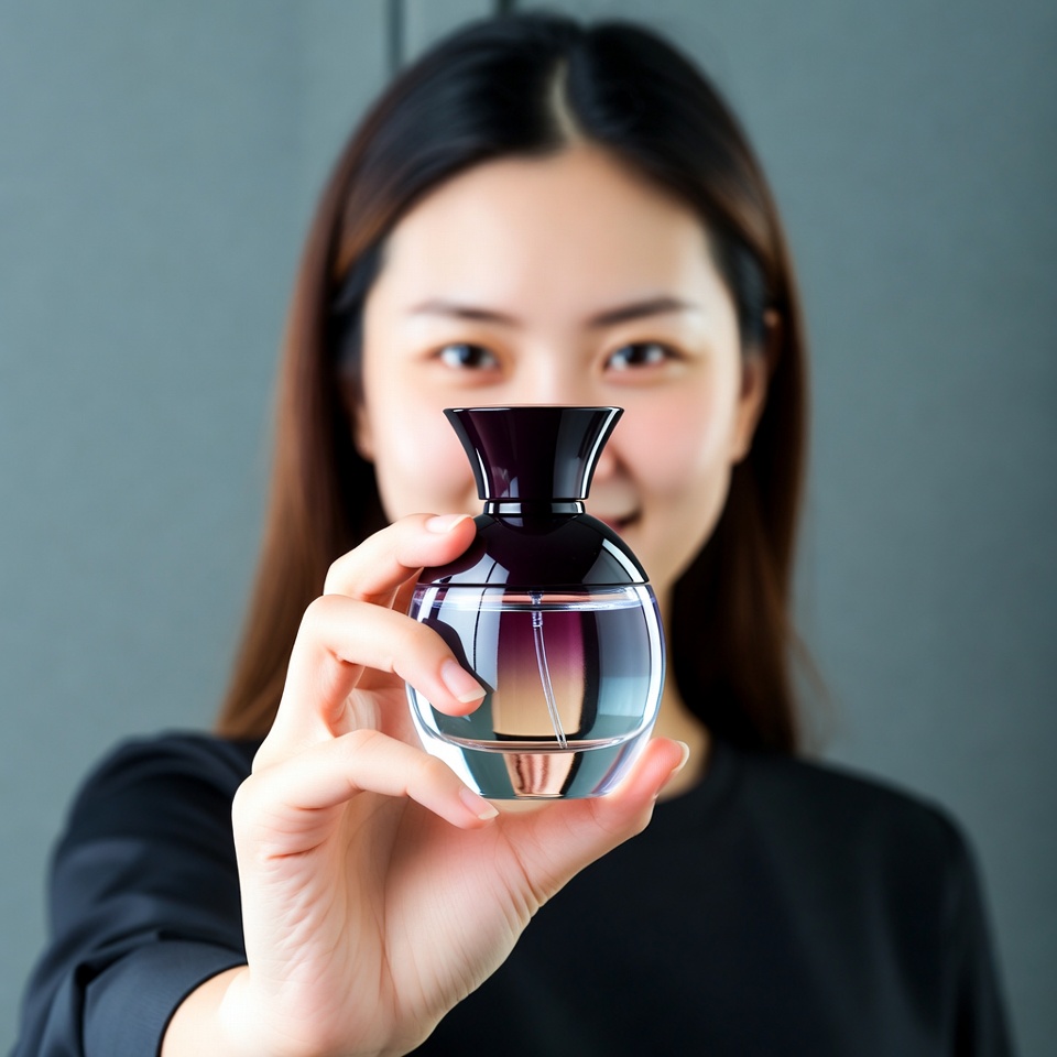 Asian woman holding perfume bottle Asian woman holding perfume bottle
