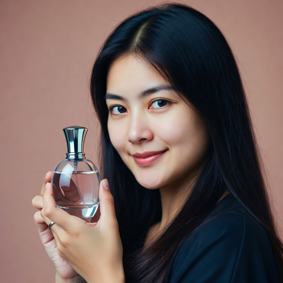 Asian woman holding perfume bottle Asian woman holding perfume bottle