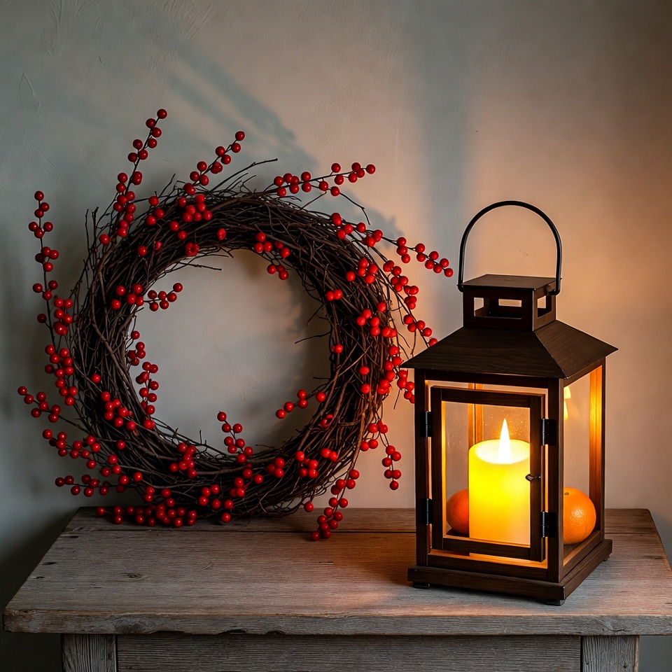 Red Winterberry Wreath and Lit Lantern Red Winterberry Wreath and Lit Lantern