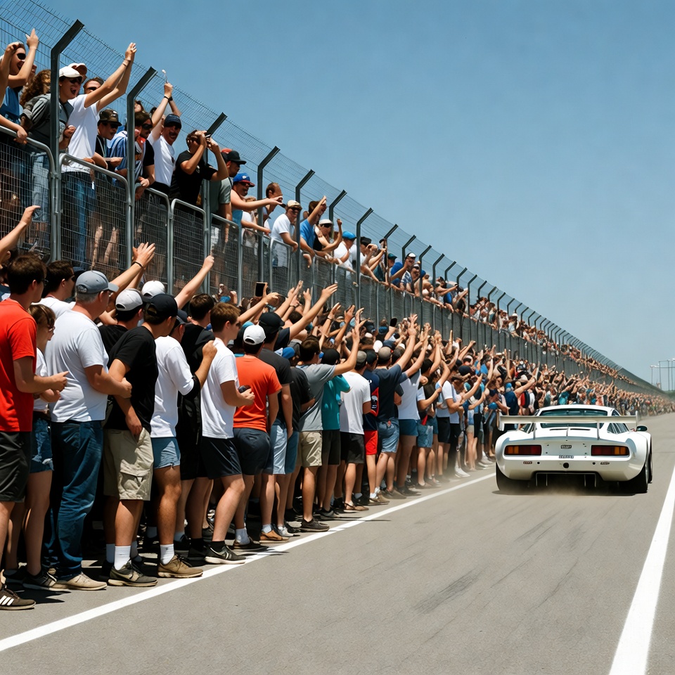 White Supercar Passing Cheering Crowd White Supercar Passing Cheering Crowd