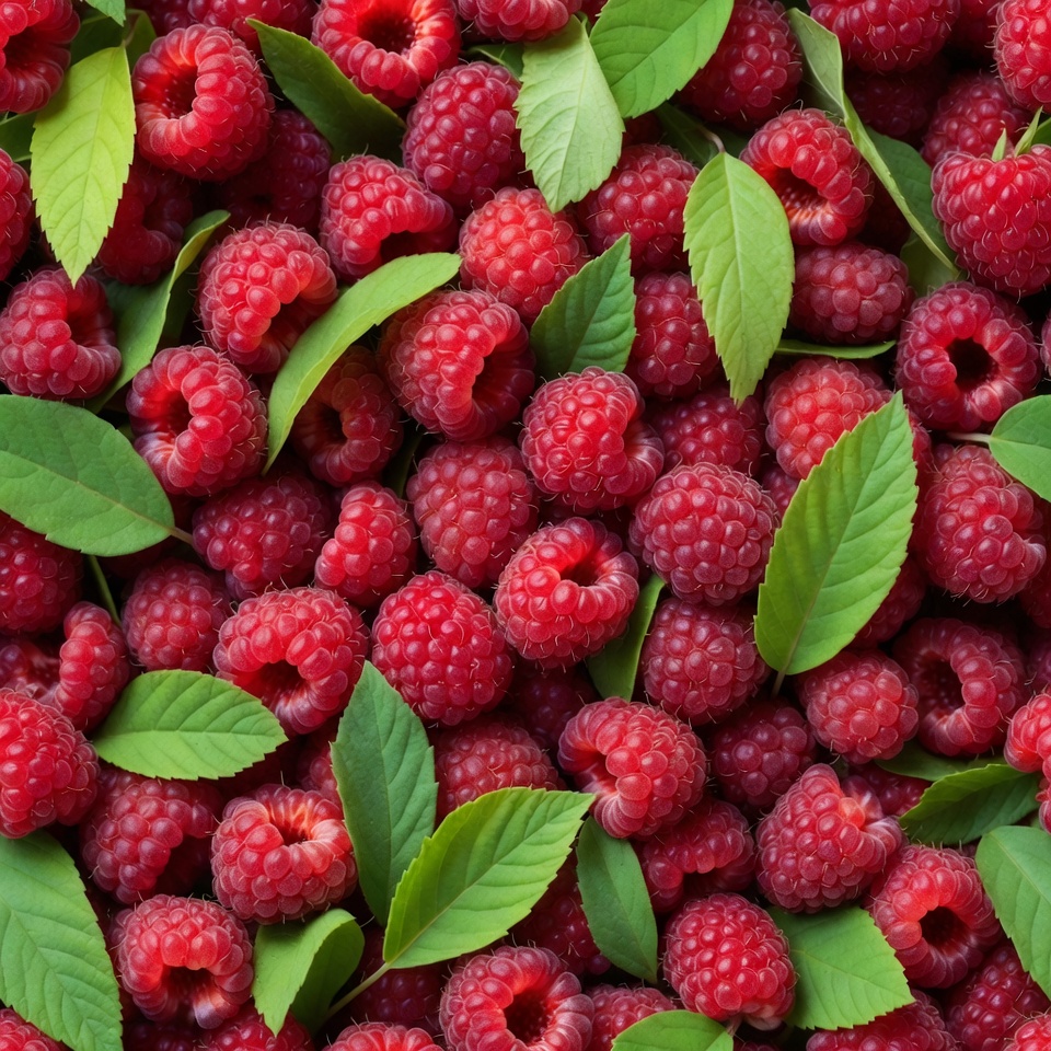 Fresh Raspberries with Green Leaves Fresh Raspberries with Green Leaves