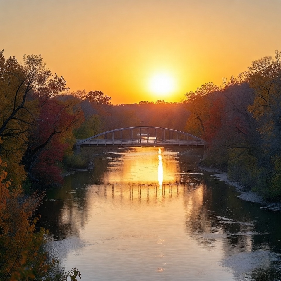 Sunset over arched bridge and river Sunset over arched bridge and river