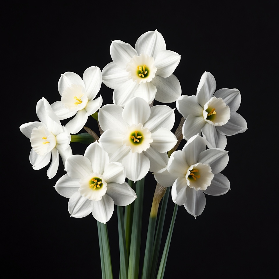 White Daffodil Bouquet on Black Background White Daffodil Bouquet on Black Background