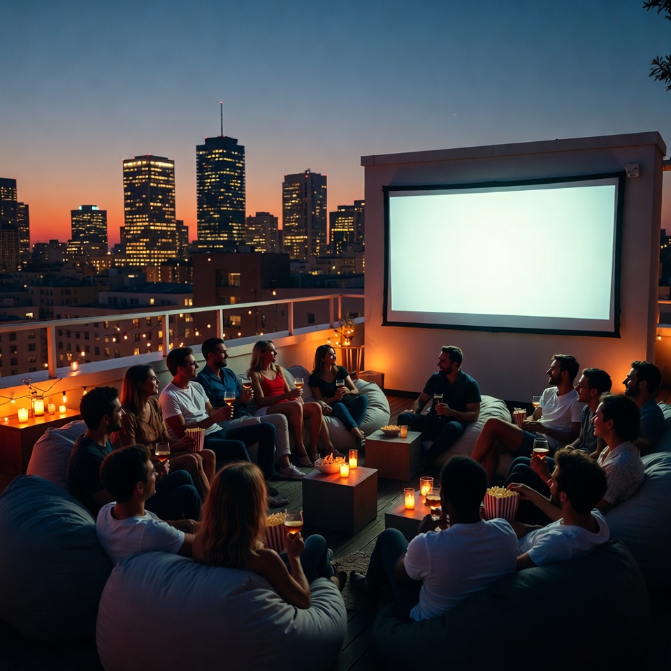 Group watching movie on rooftop Group watching movie on rooftop