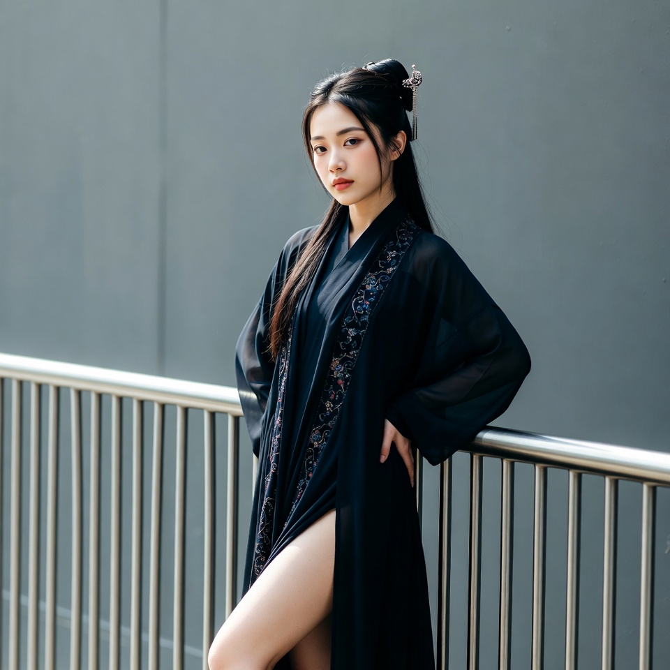 Asian woman in black Hanfu leaning on railing Asian woman in black Hanfu leaning on railing