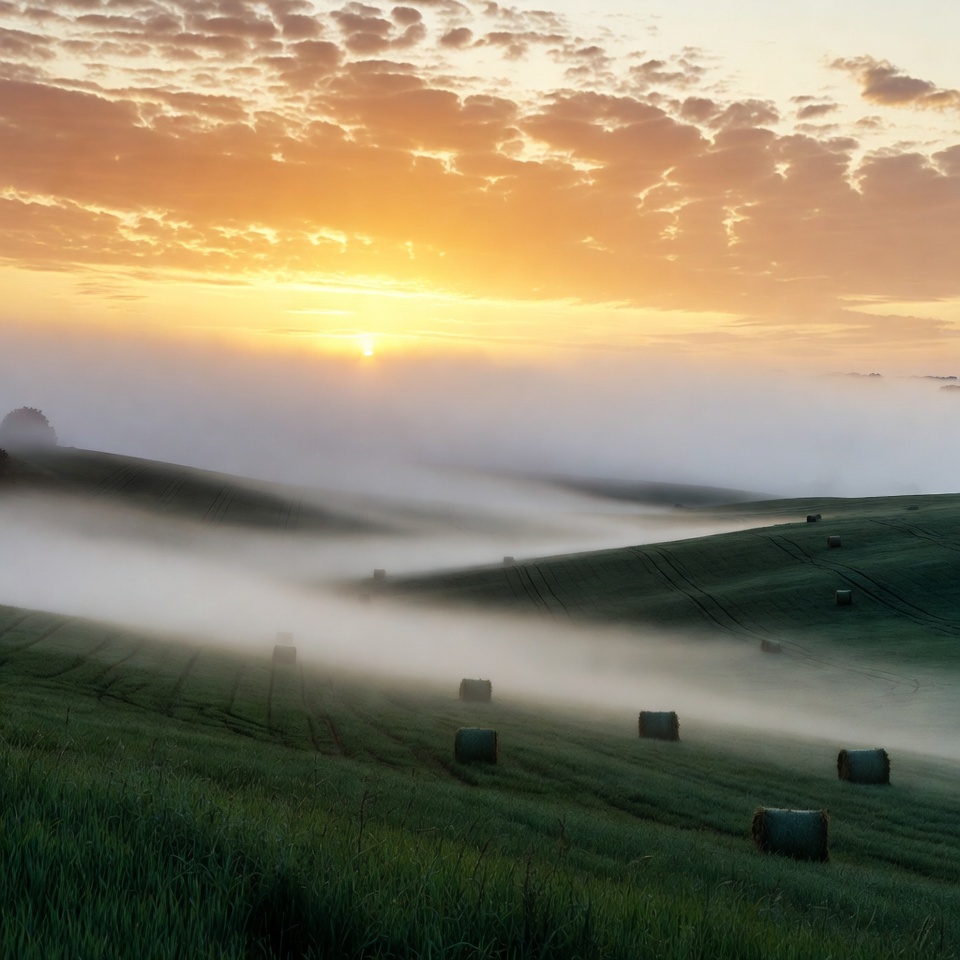 Sunrise over misty hay bales field Sunrise over misty hay bales field