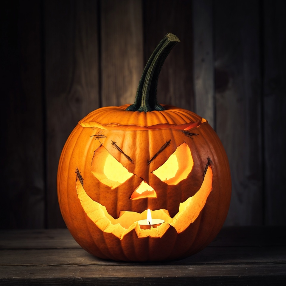 Lit Jack-o'-lantern on wooden background Lit Jack-o'-lantern on wooden background