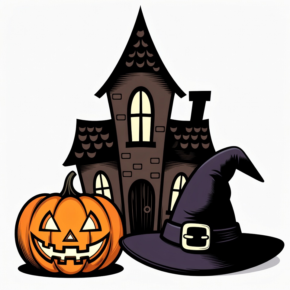 Halloween Haunted House with Pumpkin and Witch Hat Halloween Haunted House with Pumpkin and Witch Hat