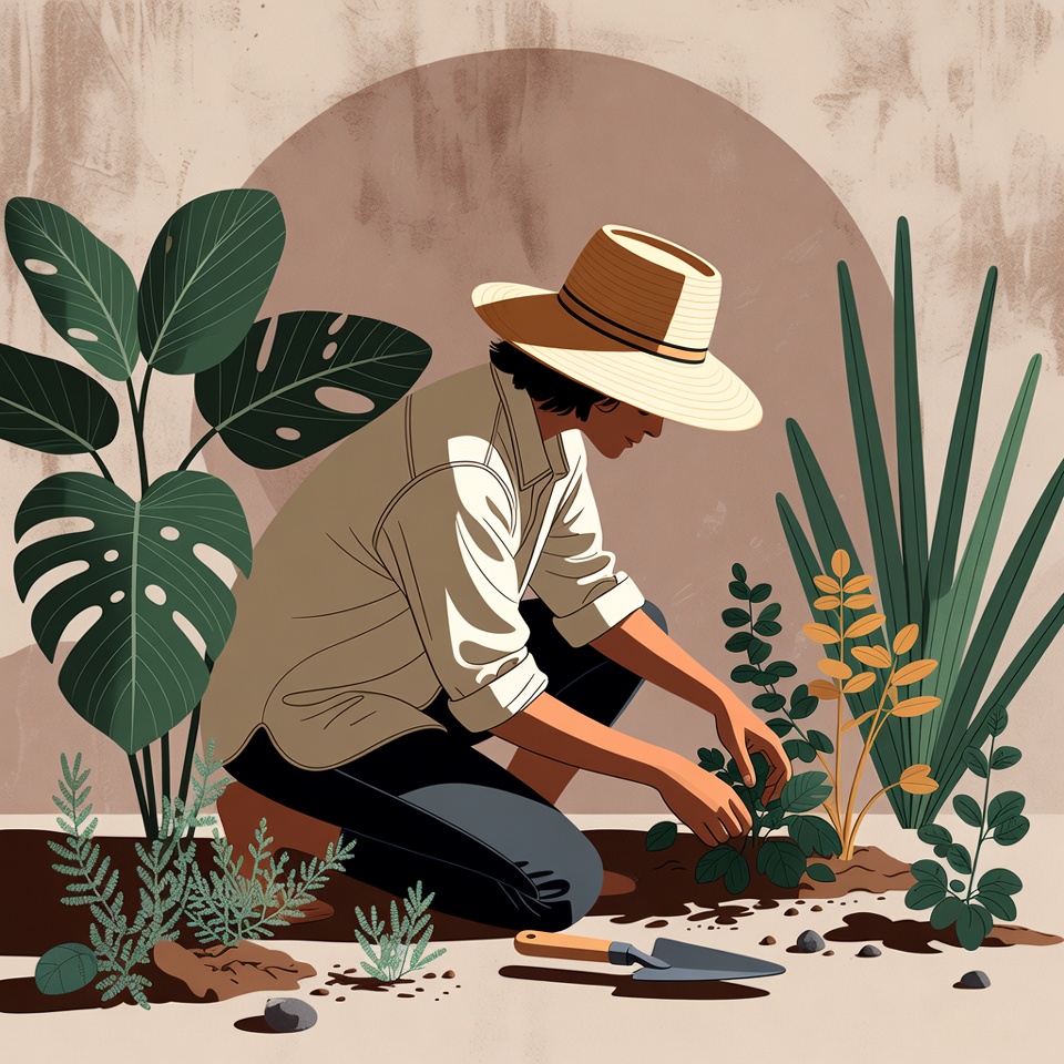 Person gardening with plants and trowel Person gardening with plants and trowel