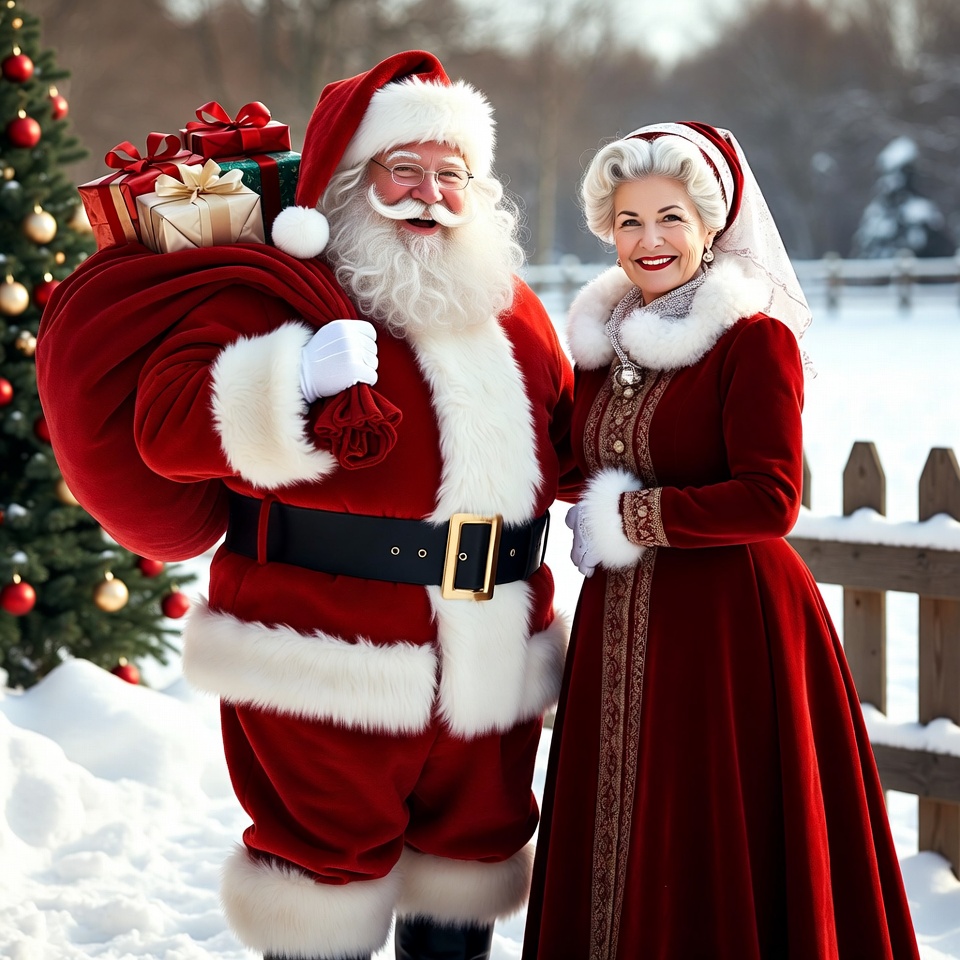Santa Claus and Mrs. Claus with gifts Santa Claus and Mrs. Claus with gifts