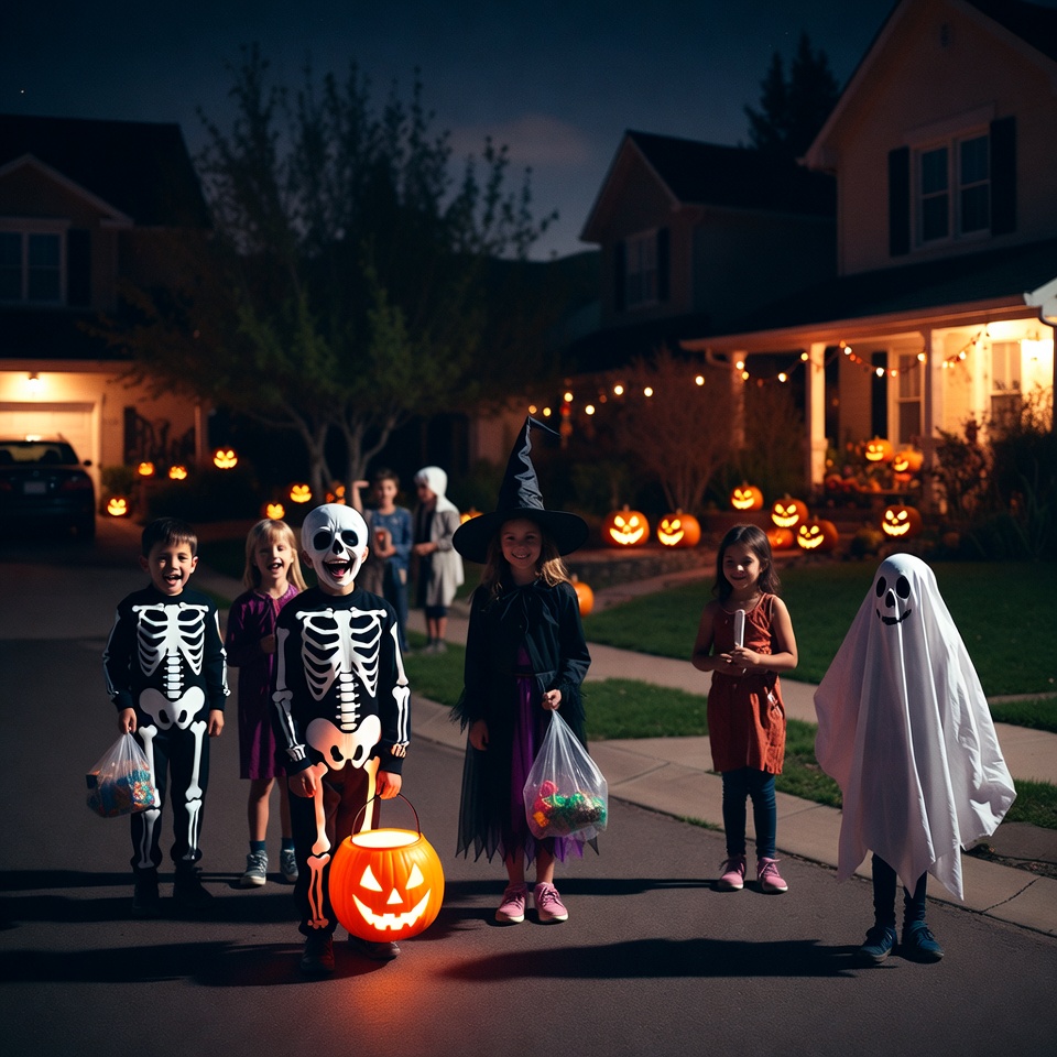 Kids in Halloween costumes trick-or-treating Kids in Halloween costumes trick-or-treating