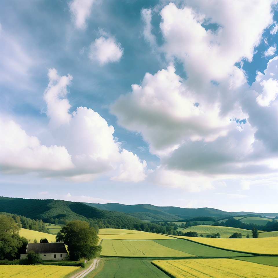 Small House in Green Fields Under Blue Sky Small House in Green Fields Under Blue Sky