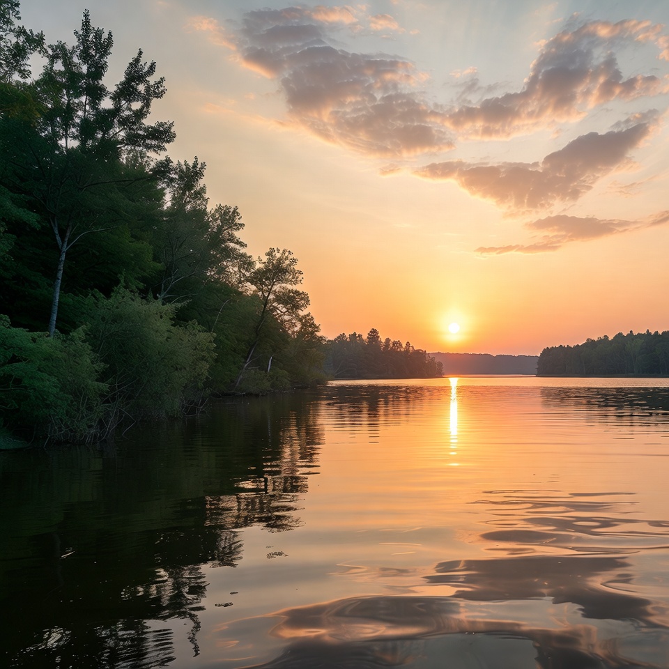 Sunset over lake with trees Sunset over lake with trees