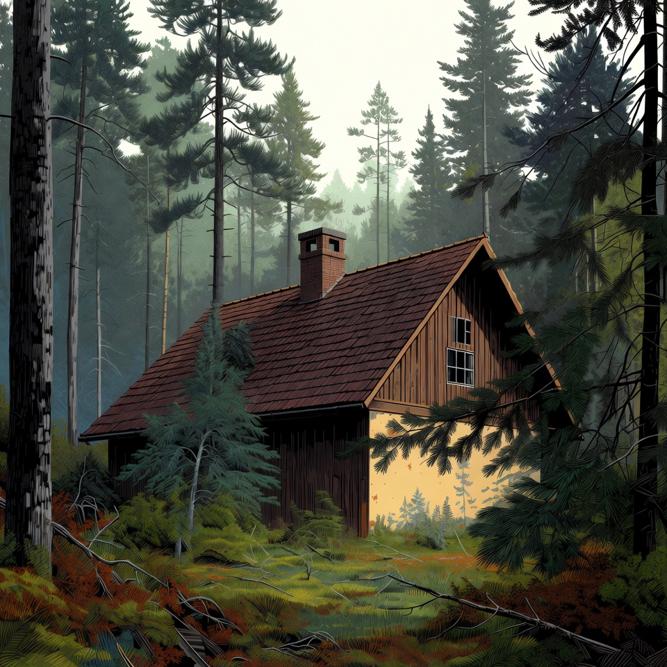Cabin in misty pine forest Cabin in misty pine forest