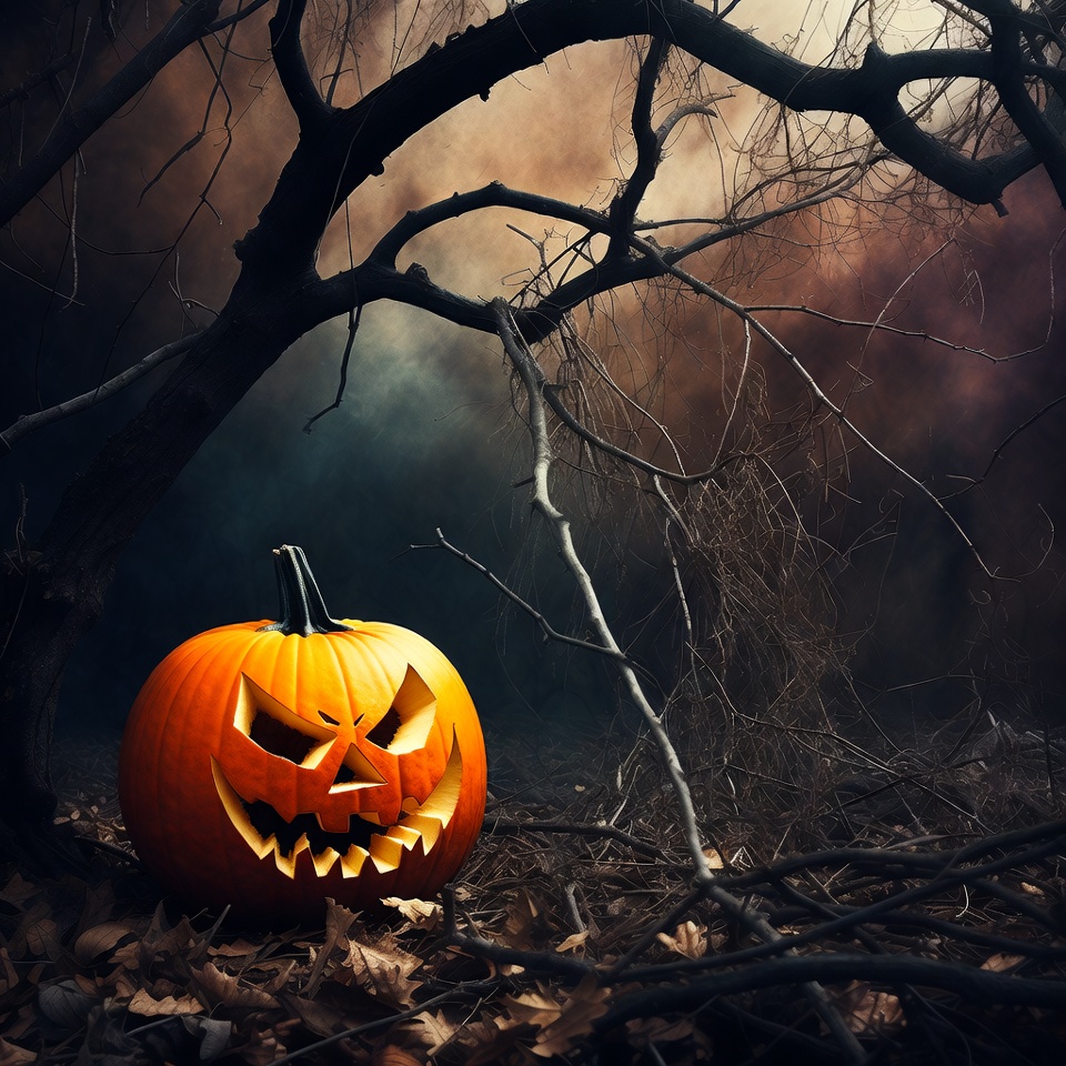 Jack-o'-lantern in foggy haunted forest Jack-o'-lantern in foggy haunted forest