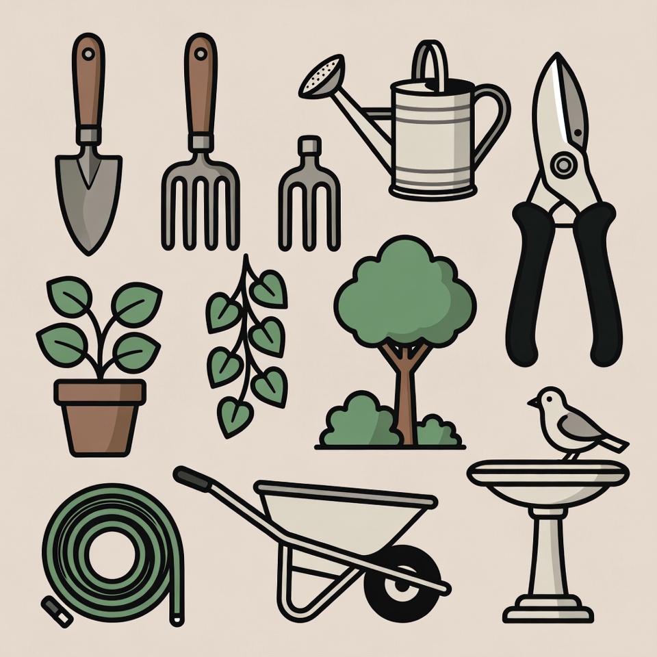 Gardening Tools and Plants Illustration Gardening Tools and Plants Illustration