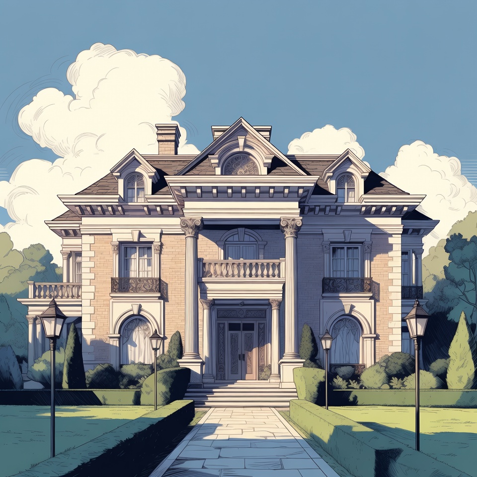 Luxurious Mansion with Columns and Gardens Luxurious Mansion with Columns and Gardens