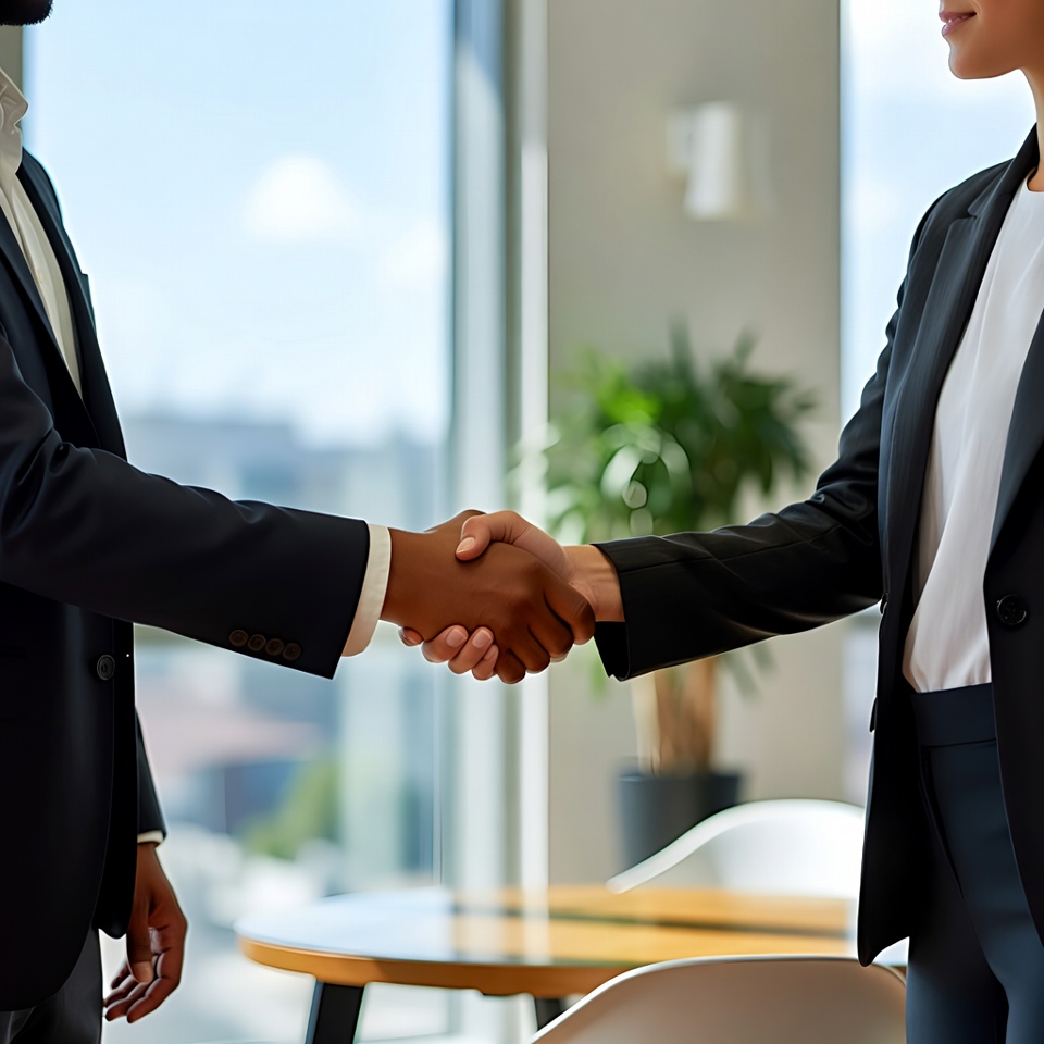 African-American man shaking hands with Asian woman African-American man shaking hands with Asian woman