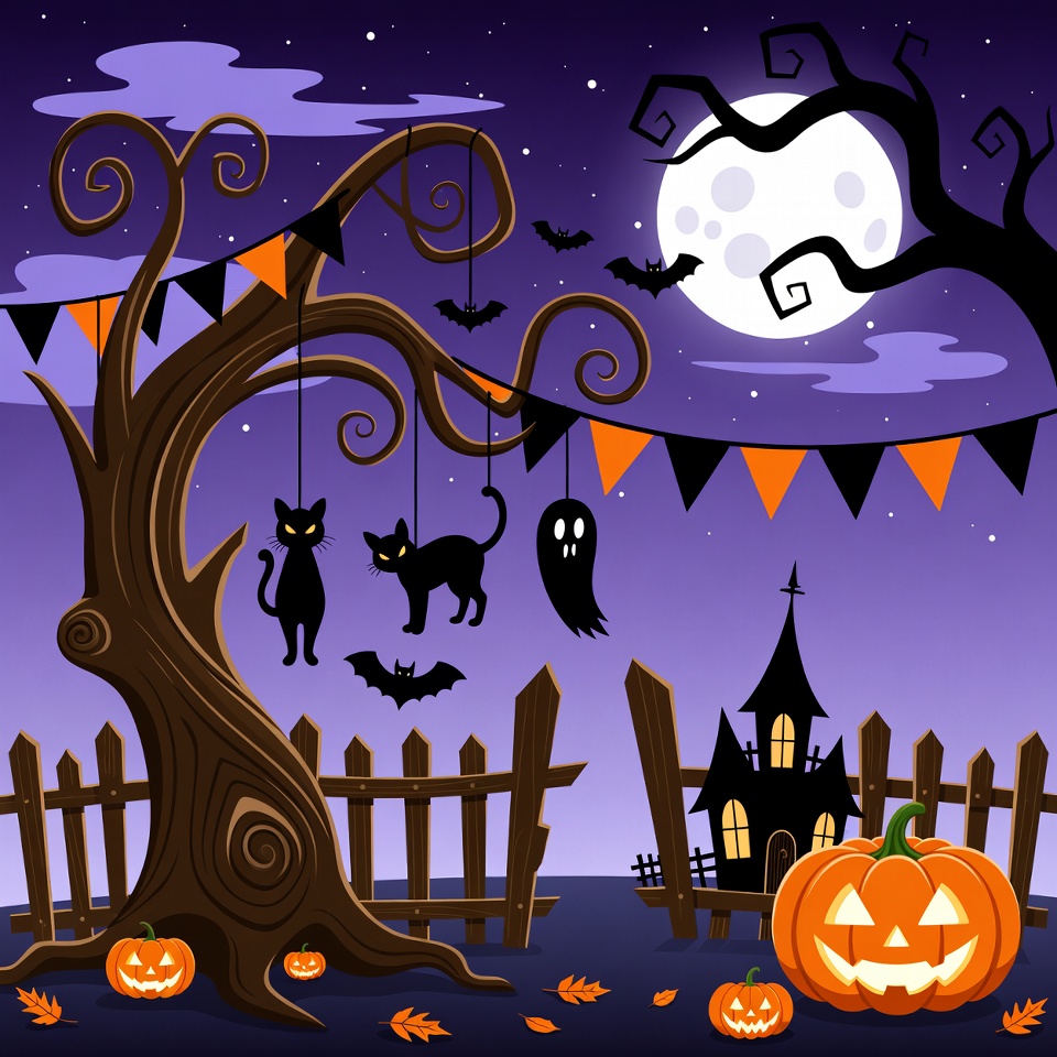 Halloween Tree with Pumpkins and Bats Halloween Tree with Pumpkins and Bats