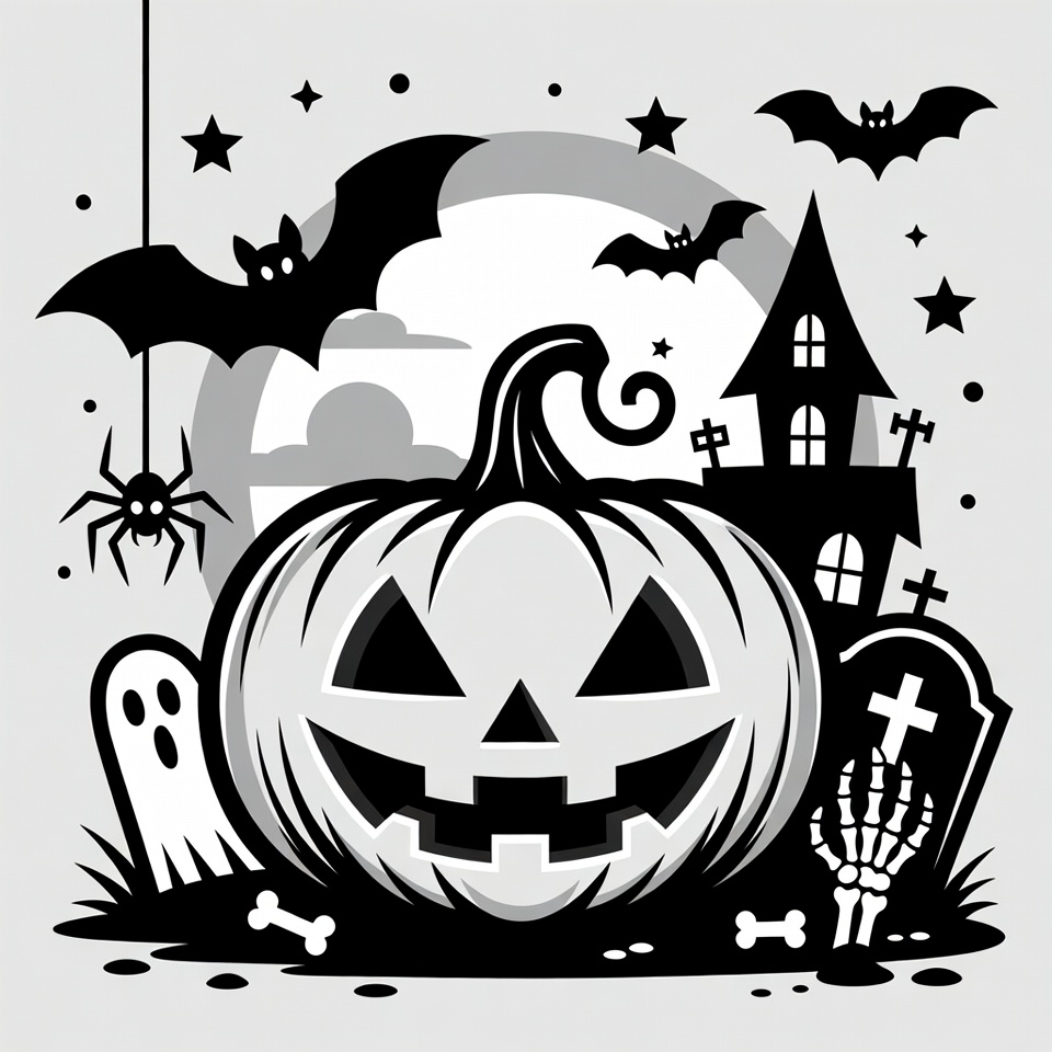 Halloween Jack-o-Lantern with Bats and Ghosts Halloween Jack-o-Lantern with Bats and Ghosts