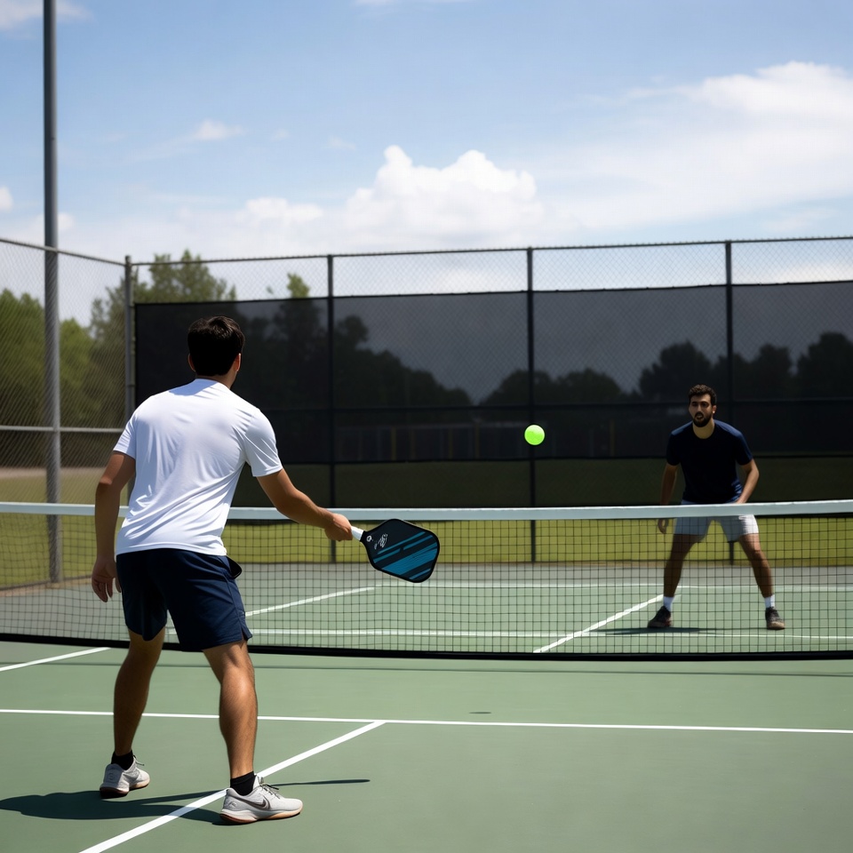 Two men playing pickleball on court Two men playing pickleball on court