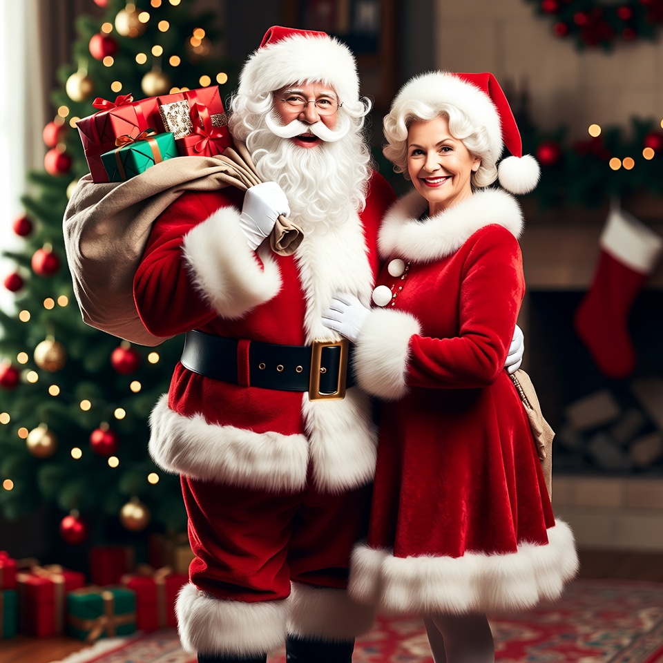 Santa Claus and Mrs. Claus with gifts Santa Claus and Mrs. Claus with gifts