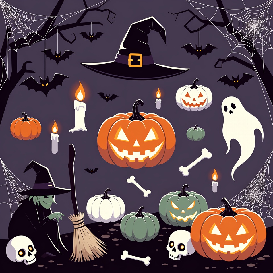 Witch with Halloween Pumpkins and Ghosts Witch with Halloween Pumpkins and Ghosts