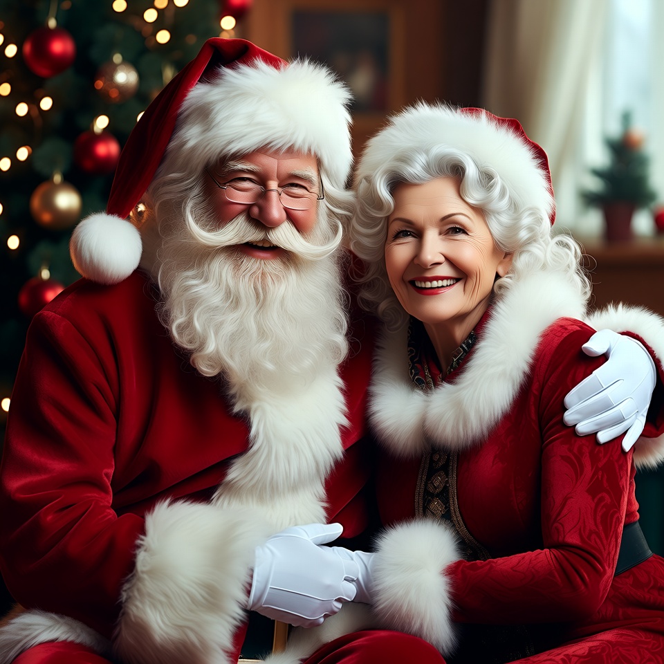 Santa Claus and Mrs. Claus by Christmas tree Santa Claus and Mrs. Claus by Christmas tree