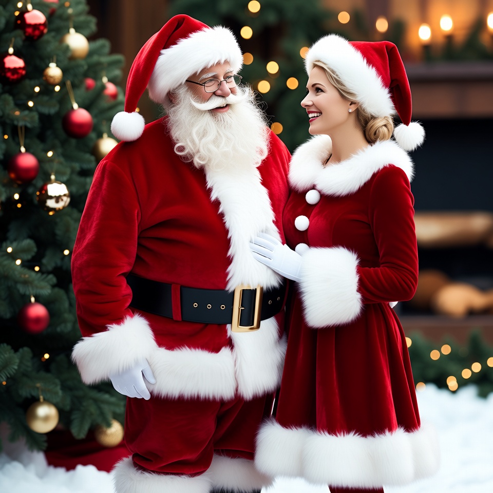 Santa Claus and blonde woman in Santa dresses Santa Claus and blonde woman in Santa dresses